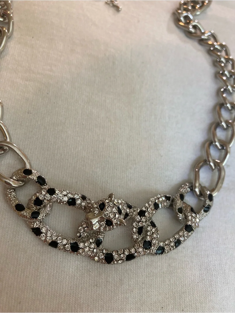 Panther Animal Big Cat Silver Tone Necklace Clear & Black Stones